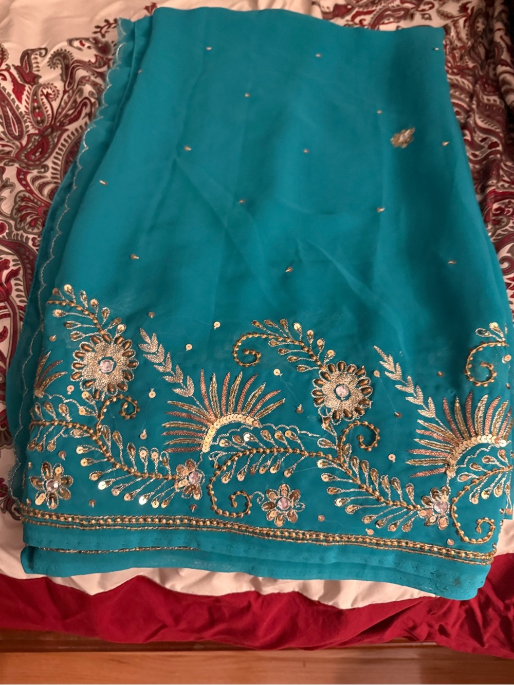 Teal Embroidered Saree blouse peticoat with Gold Floral Accents